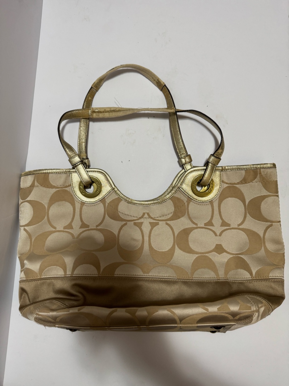 Coach Signature Tote Bag Beige Gold Pink Interior Large Shoulder Bag Authentic